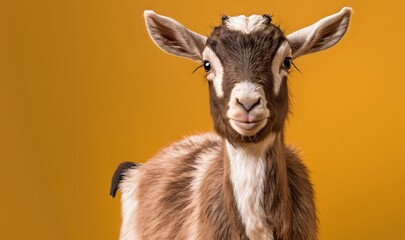  a brown and white goat standing on top of a yellow background and looking at the camera with a surprised look on its face and head.  generative ai