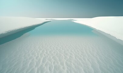  a river running through a snow covered field next to a snow covered hill with a blue sky in the background and a few clouds in the sky.  generative ai