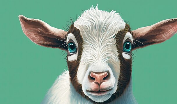  a close up of a goat's face with blue eyes and a brown and white goat's head on a green background with a blue background.  generative ai
