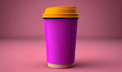  a purple coffee cup with a yellow lid on a pink background with a shadow of the cup on the floor and a pink background with a yellow lid.  generative ai