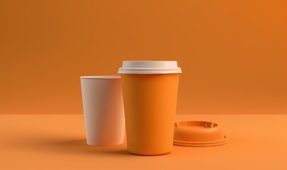  two coffee cups sitting next to each other on an orange background with a white lid and a white cup with a white lid and a white lid.  generative ai