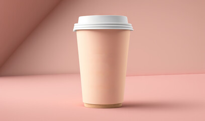  a cup of coffee with a lid on a pink surface with a pink wall in the background that says kalk walk on the side of the cup.  generative ai