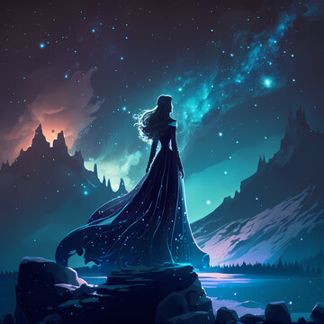 Silhouette Of A Princess Standing On A Rock By The River, Looking At The Palace On The Hill From A Distance, Under The Starry Night Sky