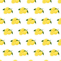 Seamless pattern with lemon on green background. Continuous one line drawing lemon. Black line art on green background with colorful spots. Vegan concept