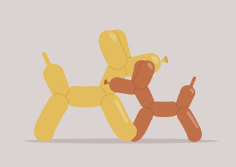 A family concept, two balloons shaped as poodles cuddling