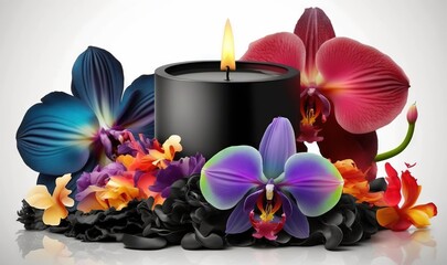  a candle surrounded by flowers and petals on a white background with a reflection of the candle in the middle of the image and a reflection of the flowers.  generative ai