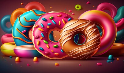  a group of donuts with sprinkles on a purple background with a pink background.  generative ai