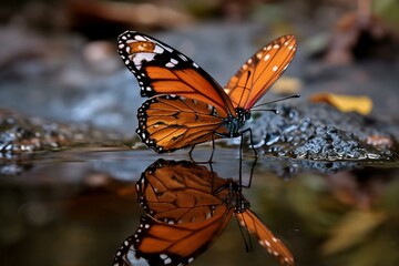 Fototapeta na wymiar A butterfly with a reflection in the water Generative AI
