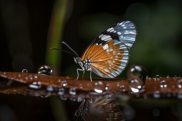 Fototapeta na wymiar A butterfly resting on a water droplet Generative AI