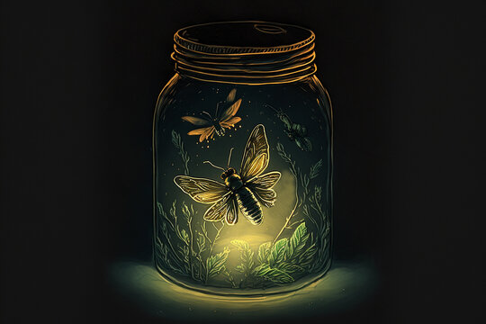 Glowing bug firefly butterfly coming out of jar.