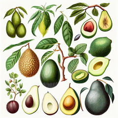 Different types of avocado, botanical illustration on white background. Created with Generative AI.	