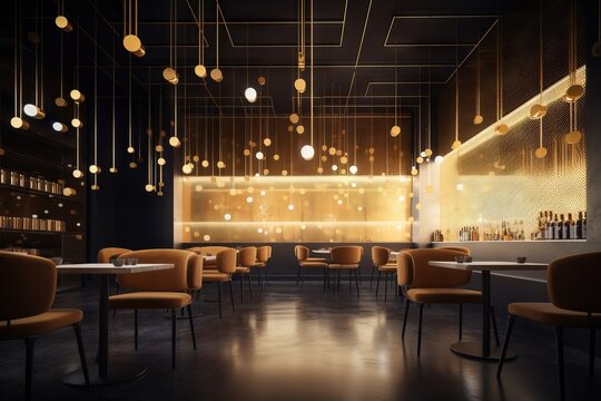  a dimly lit restaurant with chairs and a bar in the background with lights hanging from the ceiling and hanging from the ceiling, with a bar in the middle of the middle.  generative ai
