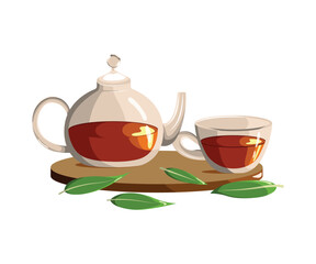 Teapot and cup with black tea. Flat style illustration isolated on white background