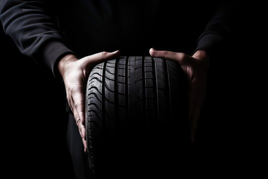 a person holding a tire in their hands