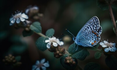 Obraz na płótnie Canvas a blue butterfly sitting on top of a flower next to a green leafy plant with white flowers on it's stem and a dark background. generative ai