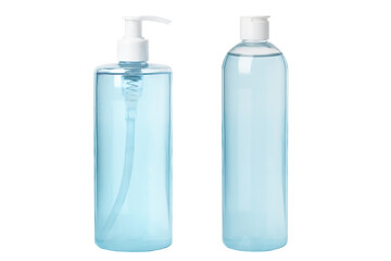 Set. Moisturizing blue, cyan cosmetic tonic, serum, micellar water isolated on white background. Transparent cosmetic bottles. With dispenser