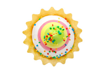 Cake basket tart with four-layer pink, green, white, yellow custard sweet sprinkles top view isolated on white background with clipping path
