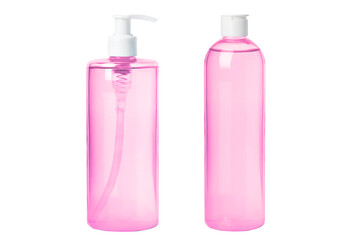 Set. Moisturizing pink cosmetic toner, serum, micellar water isolated on white background. Transparent cosmetic bottles. With dispenser