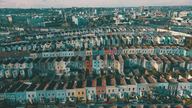 Aerial view of rows of multi-coloured terraced Victorian houses in the city of Bristol, UK