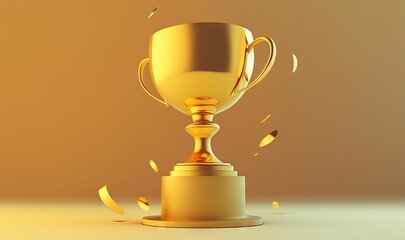  a golden trophy with a golden cup on top and confetti flying around it on a beige background with a light colored backdrop and a splash of confetti.  generative ai - obrazy, fototapety, plakaty