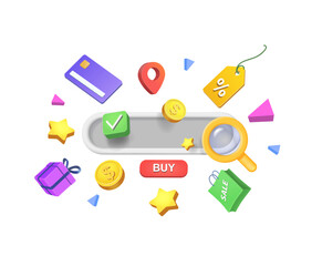 Online shopping search. E-commerce concept. Search bar with fllying consuer goods. Sale, buying banner 3d vector illustration