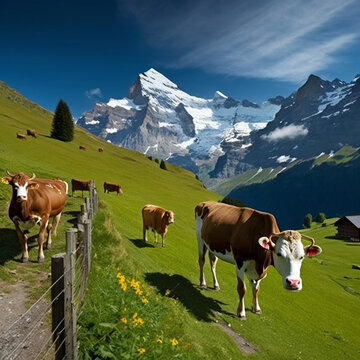Swiss Pasture near Grindelwald Grazed by Cows. AI