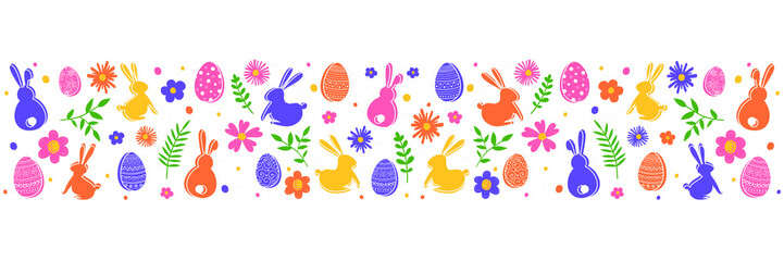 Colourful banner with Easter eggs, bunnies and flowers on transparent background. Cartoon style Easter design. PNG illustration