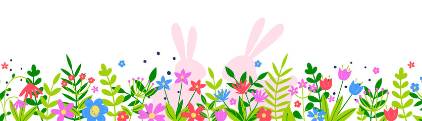 Bunnies and flowers on transparent background. Easter banner. PNG illustration