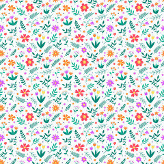 Floral seamless pattern. Transparent spring background with blowing flowers and leaves. PNG illustration