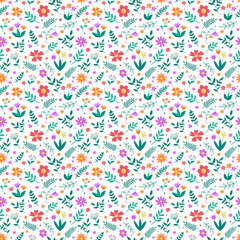 Floral seamless pattern. Transparent spring background with blowing flowers and leaves. PNG illustration