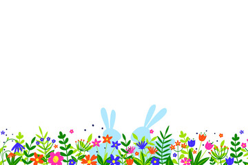 Easter bunnies with flowers on transparent background. PNG illustration
