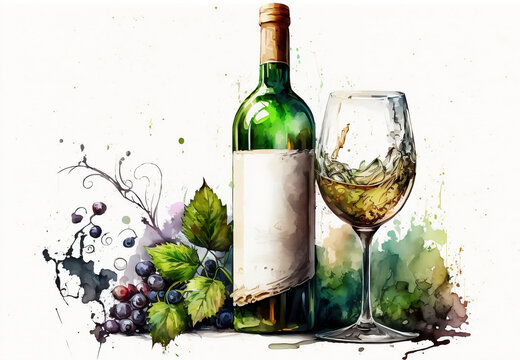 Bottle of wine and grapes. A painting of a bottle of wine and a glass of wine. Generative AI