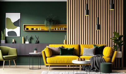  a living room with a yellow couch and a green chair and a white coffee table and a green wall with wooden slats behind it.  generative ai