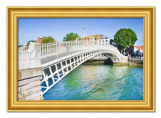 The most famous bridge in Dublin called "Half penny bridge" due to the toll charged for the passage - Wooden golden frame concept