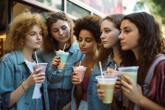 four young girls drinking milkshake on the streets