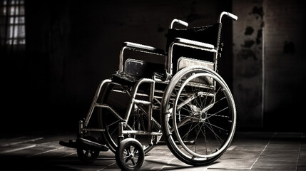 Empty wheelchair in a dark room with light coming through the window.generative ai