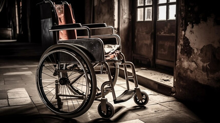 Empty wheelchair in a dark room with light coming through the window.generative ai
