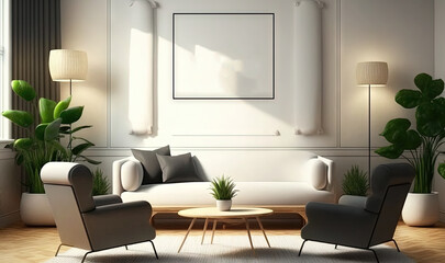  a living room with a couch, chairs, and a coffee table with a plant in it and a poster on the wall above it.  generative ai