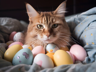 Fototapeta na wymiar Cat sitting between easter eggs, Generative AI