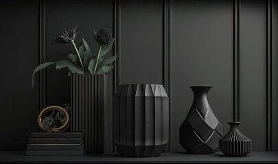  a group of vases sitting on top of a table next to a clock and a vase with a flower in it on a shelf.  generative ai