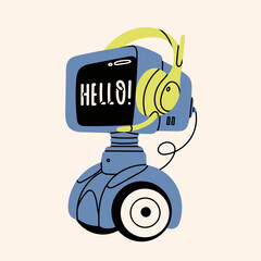 Blue Robot with monitor head and headphones. Cute artificial robotic character. Hand drawn Vector illustration. Futuristic retro android. Cartoon style. Isolated design element. Customer care concept