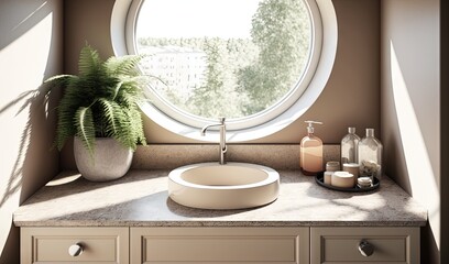  a round window in a bathroom with a sink and a potted plant in front of it on a countertop next to a sink.  generative ai