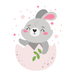 Cute rabbit in the egg, children's print, farm. Happy Easter.