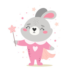 Cute bunny sorceress, magical character. Children's print, vector illustration.