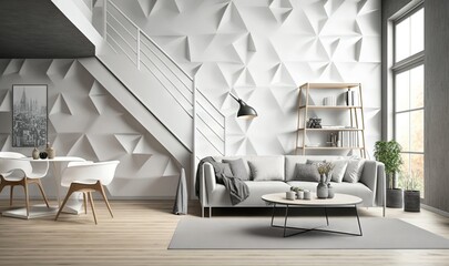  a living room with a white couch and a white table and chairs and a white wall with a geometric pattern on it and a staircase in the background.  generative ai