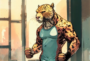 Watercolor Illustration of a A Leopard Wearing A Sportsuit At The Gym. Generative AI