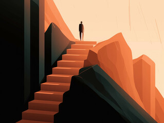 A solitary figure on a journey climbing the stairs of success. AI generation.