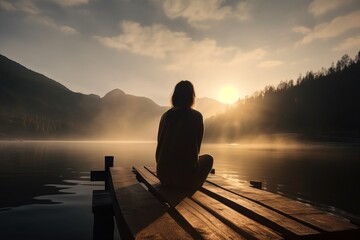Naklejka na ściany i meble a person sitting on a dock looking out at a lake at sunset or sunrise with the sun shining through the clouds and mountains in the distance. generative ai