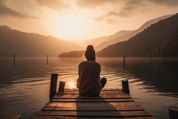 Naklejka na ściany i meble a person sitting on a dock watching the sun go down over a mountain range in the distance with a body of water in the foreground. generative ai