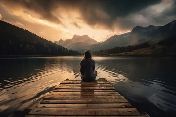 Fototapete Dunkelbraun  a person sitting on a dock looking out at a lake and mountains in the distance with a dark sky and clouds in the background, with a person sitting on the end of the dock.  generative ai